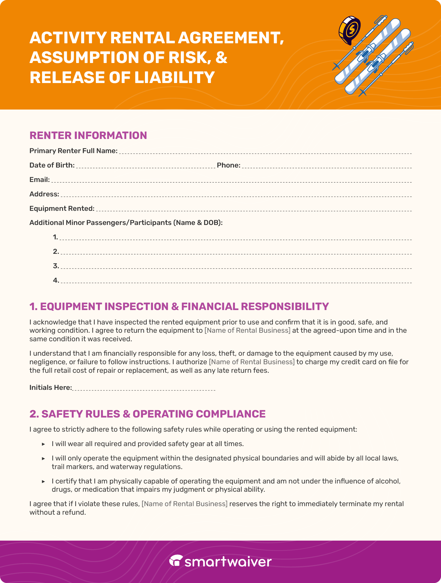 A sample activity rental waiver template (page 1).