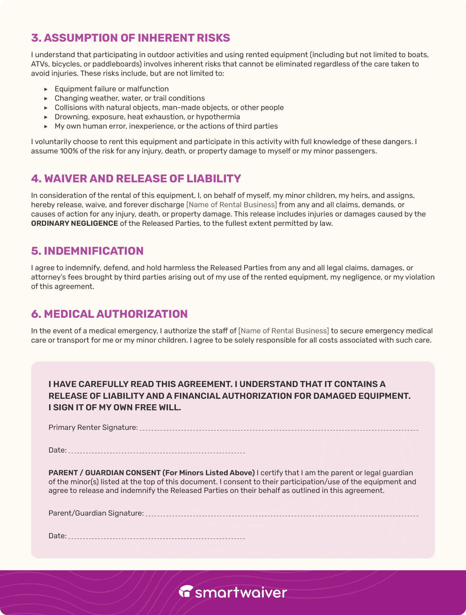 A sample activity rental waiver template (page 2).