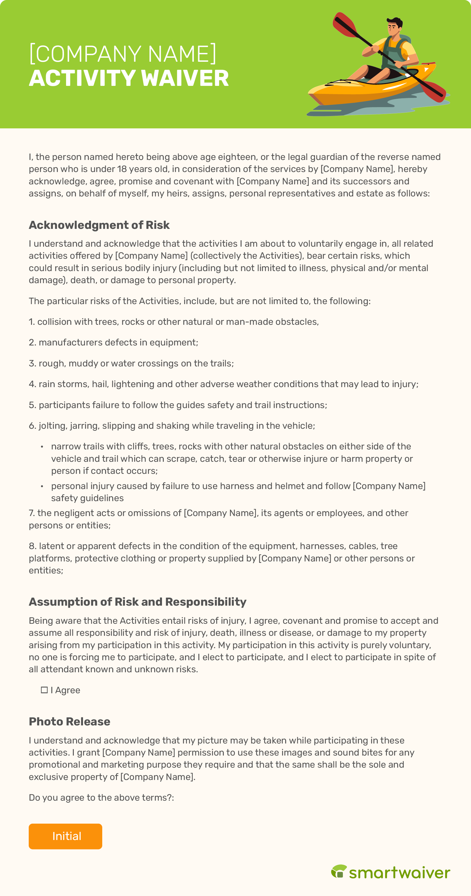 A sample activity waiver for a fictitious company.