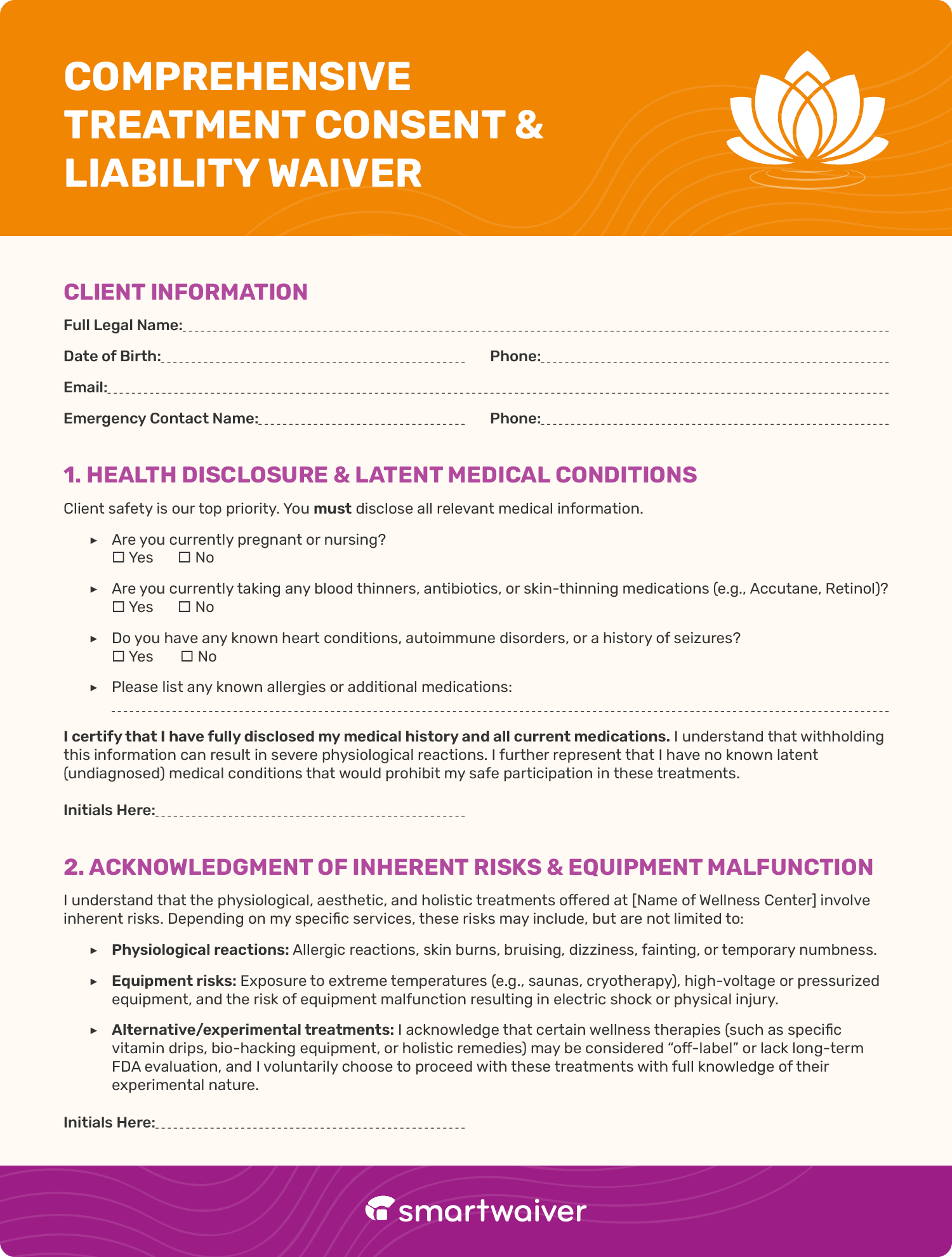 A sample digital waiver template for a wellness business (page 1).