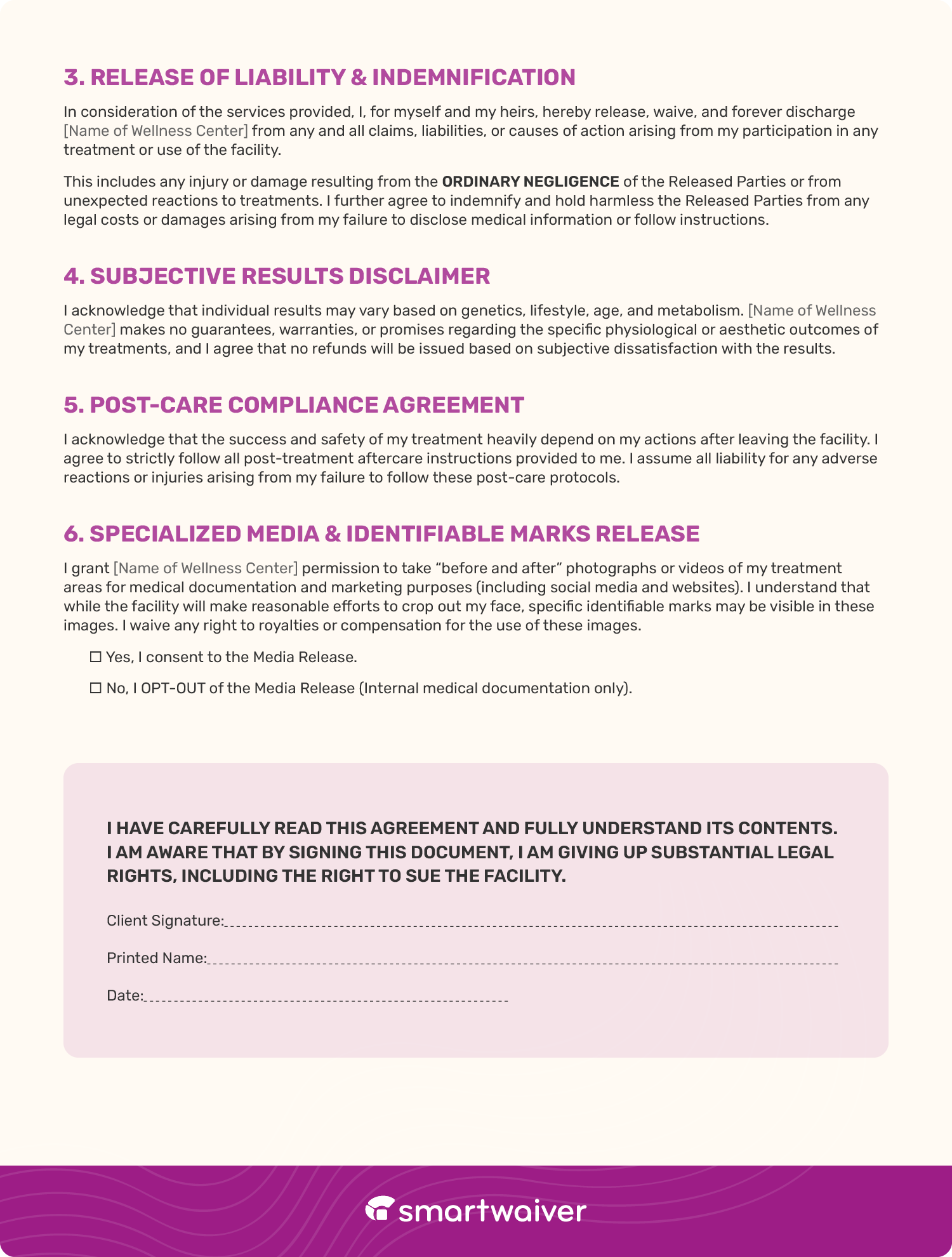 A sample digital waiver template for a wellness business (page 2).