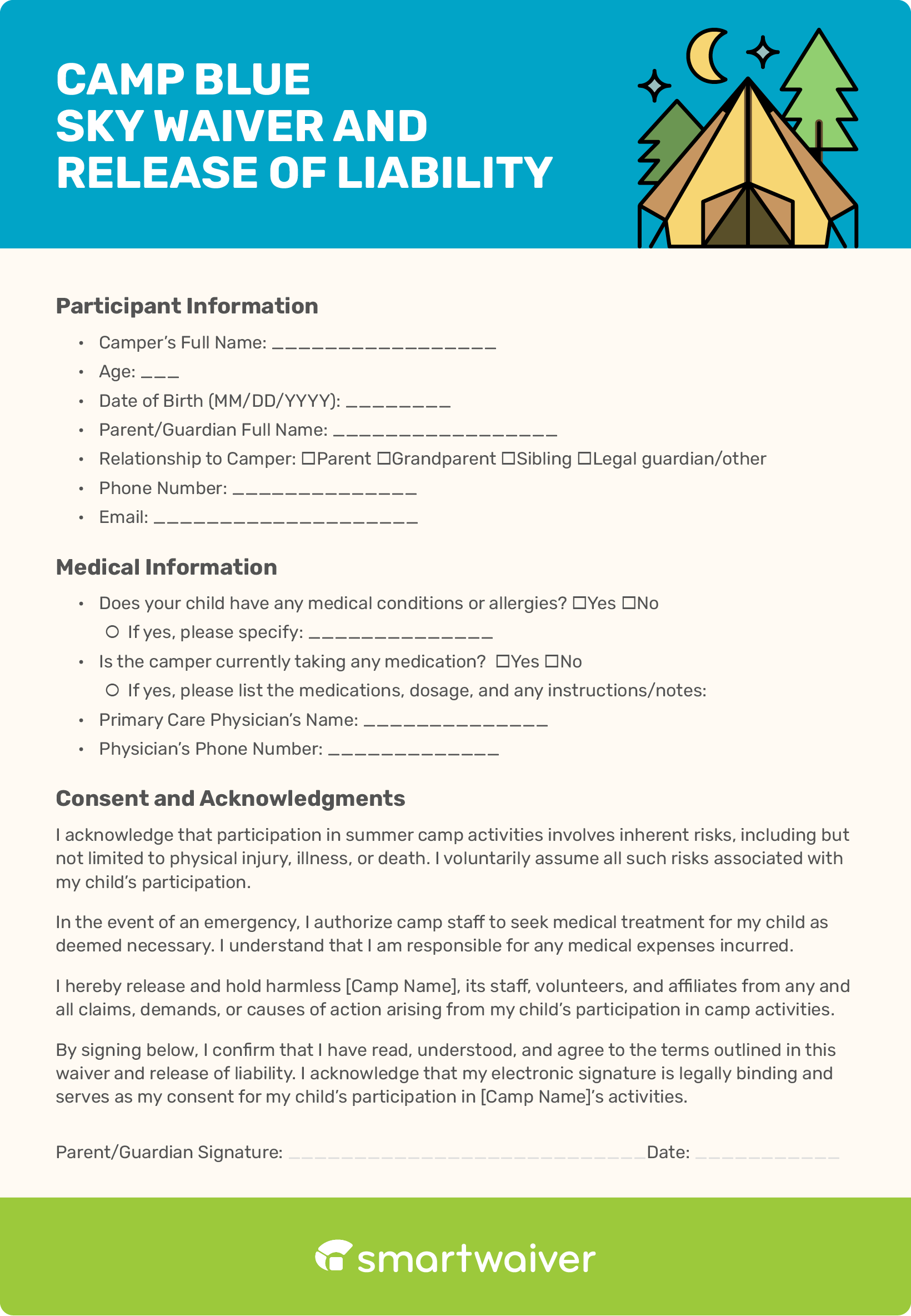 A mockup of a summer camp waiver (text included below).