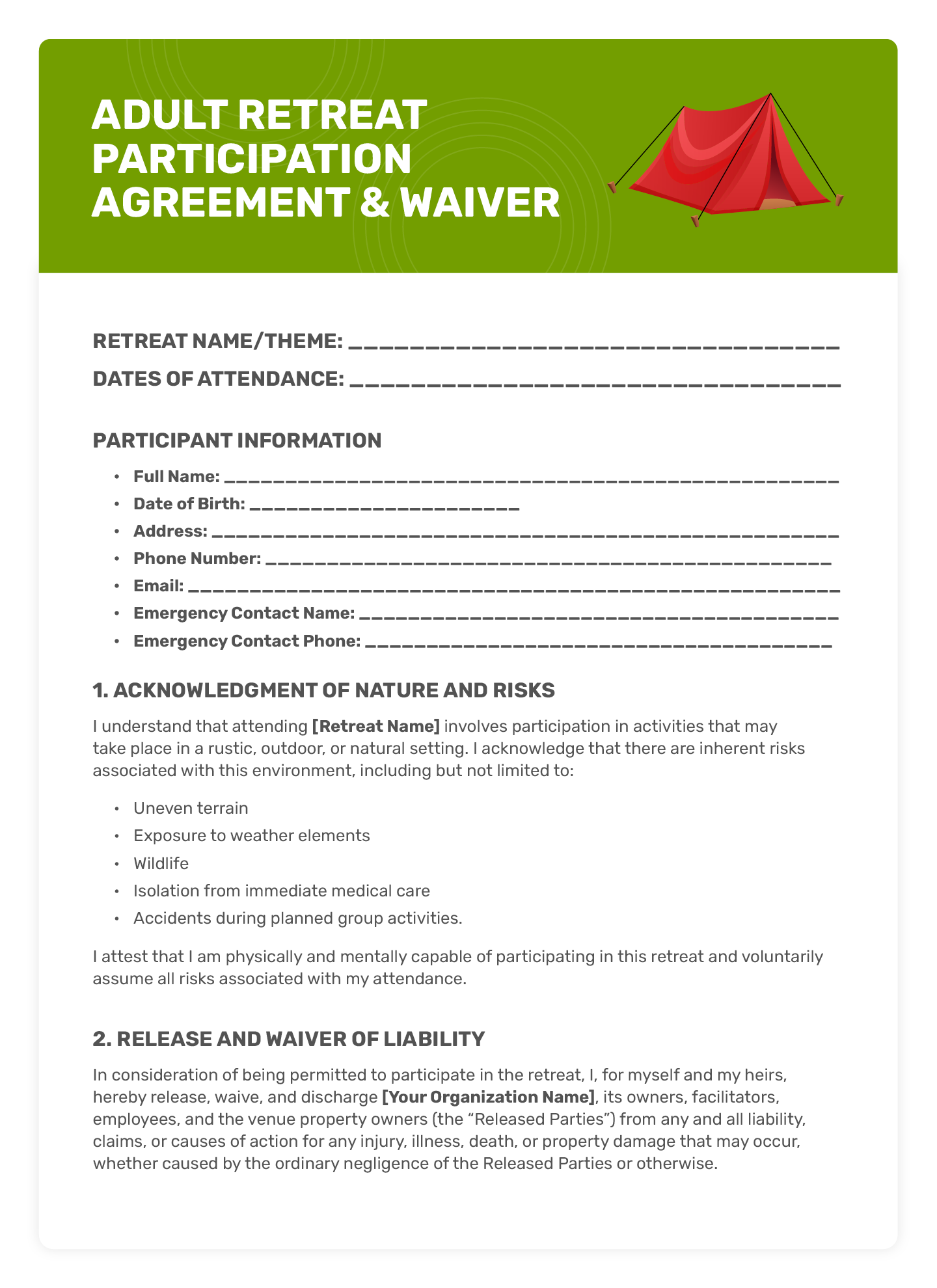 A retreat liability waiver for adult wilderness retreats.