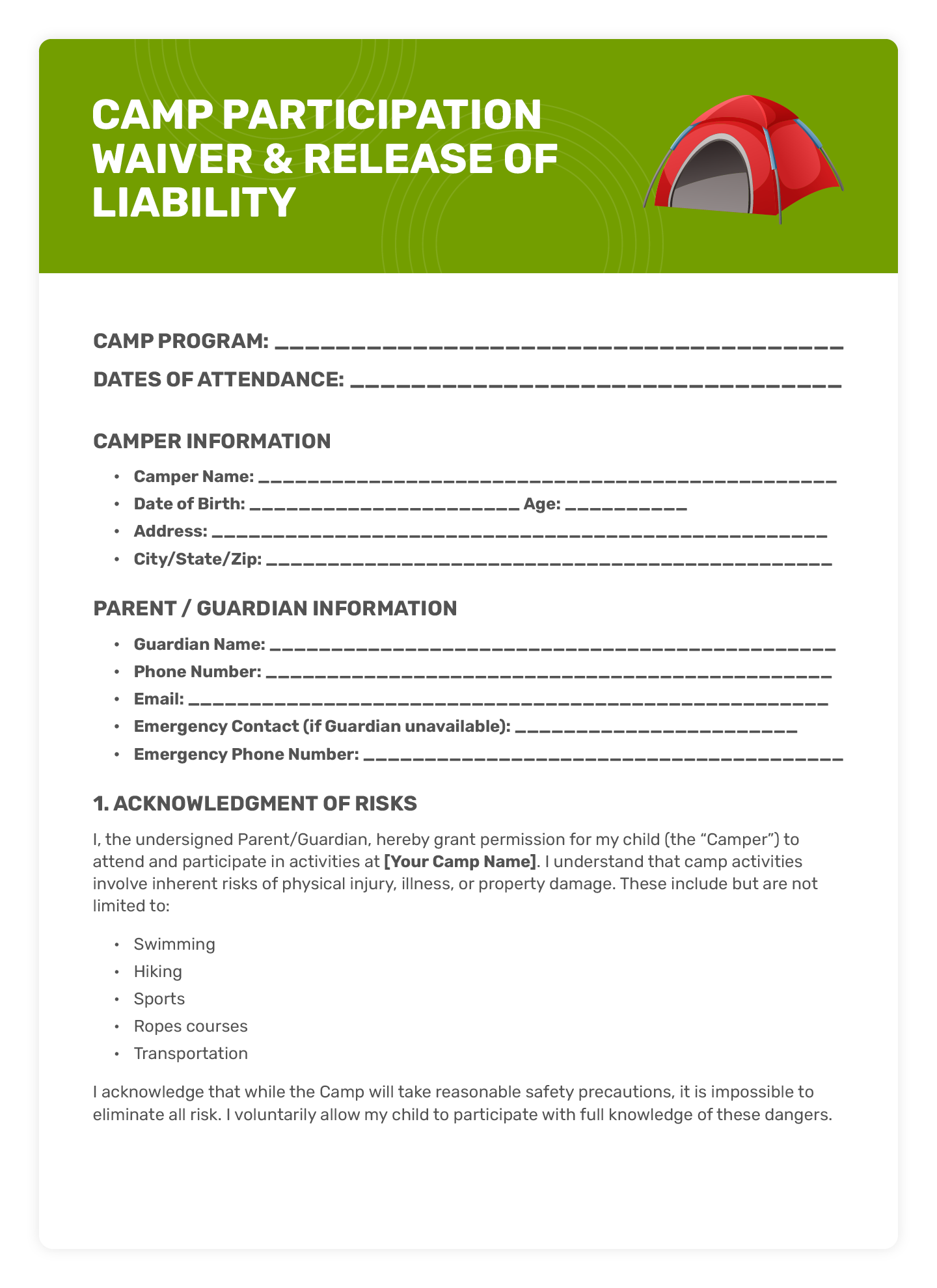 A camp waiver template for youth summer camps.
