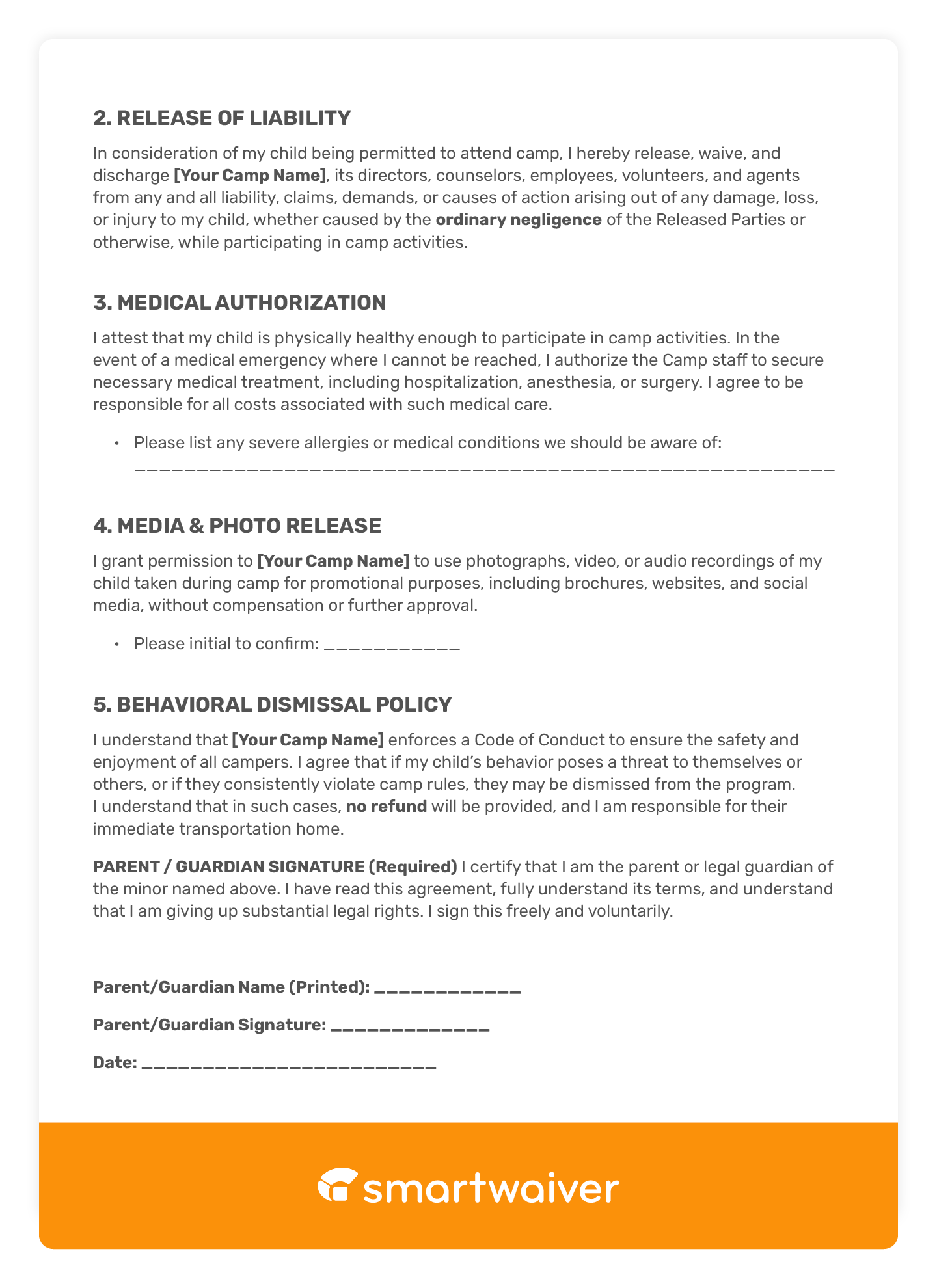 A camp waiver template for youth summer camps.
