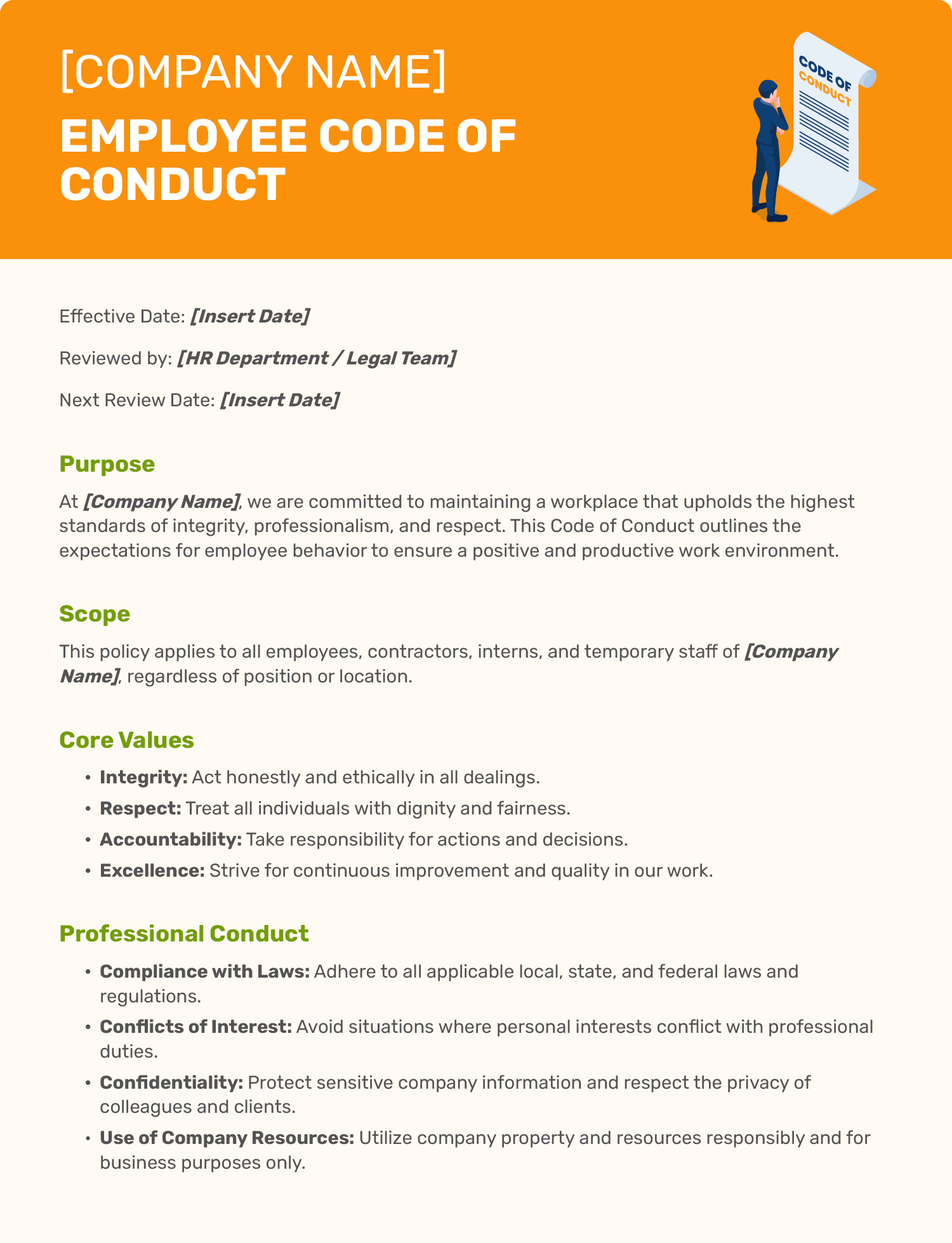 An example template of a code of conduct form (page 1).