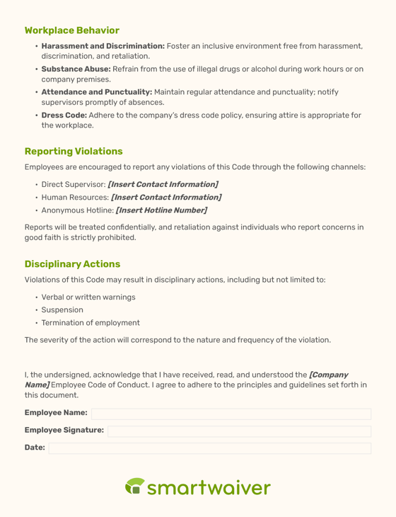 An example template of a code of conduct form.
