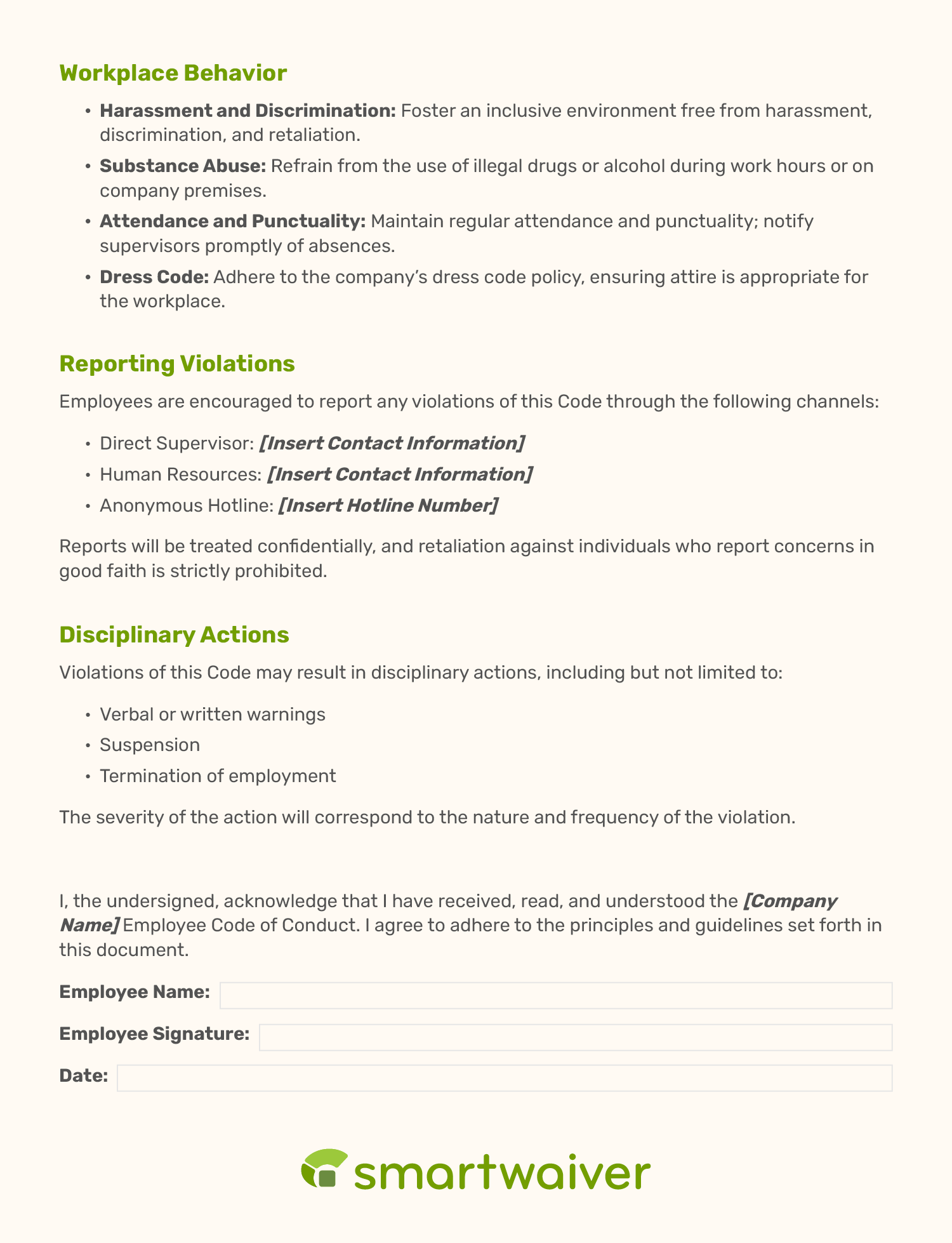 An example template of a code of conduct form (page 2).