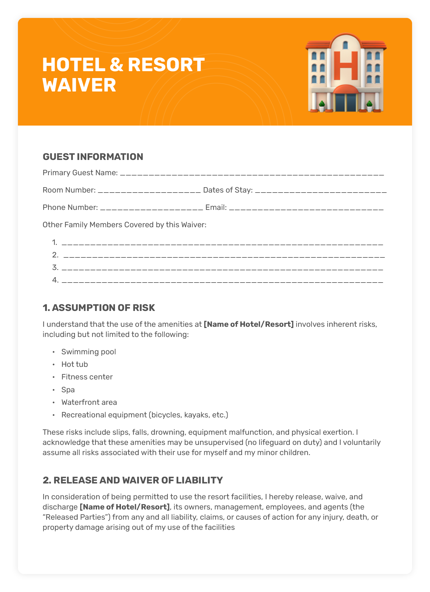 An example of a hotel and resort waiver template (first page).