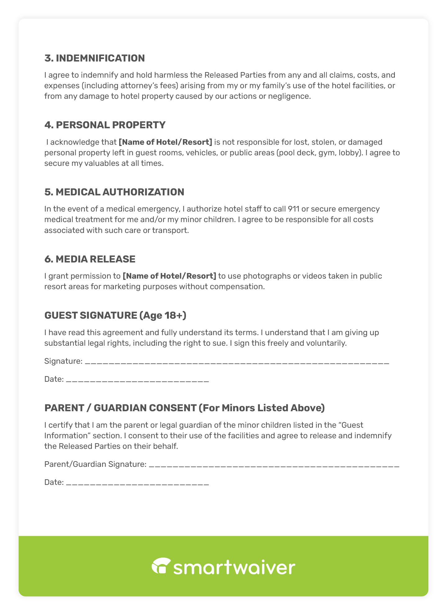 An example of a hotel and resort waiver template (second page).