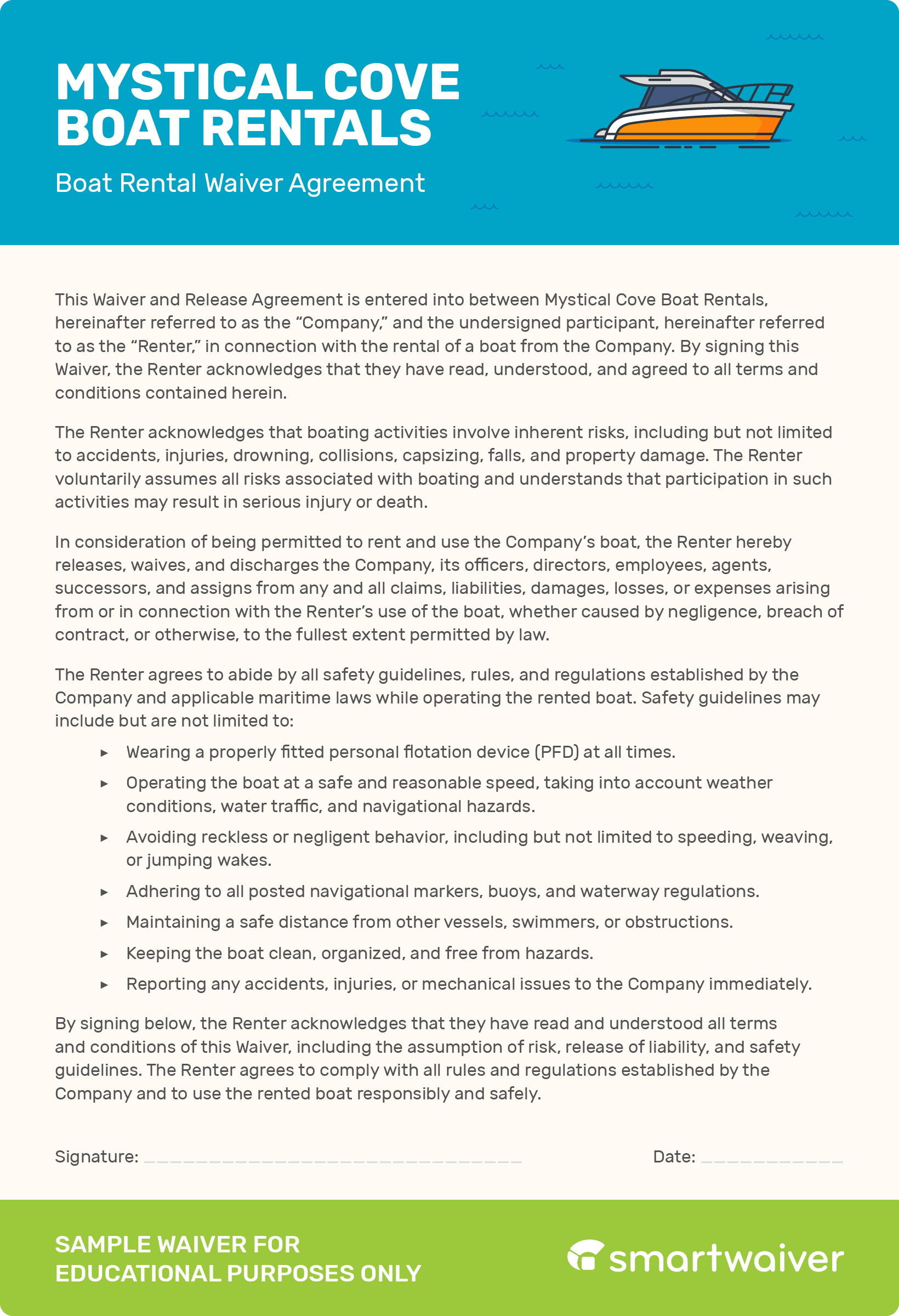 An example of an equipment rental waiver for a boat rental business.