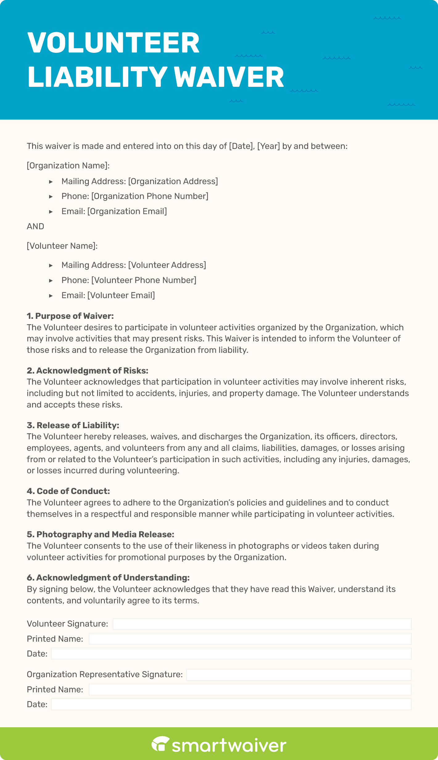 A volunteer liability waiver template.