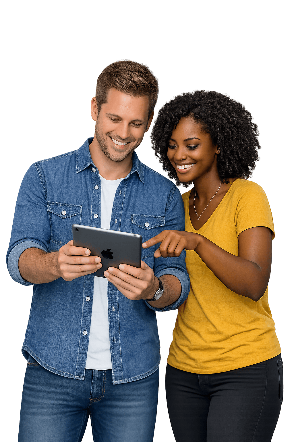 Male and female with ipad