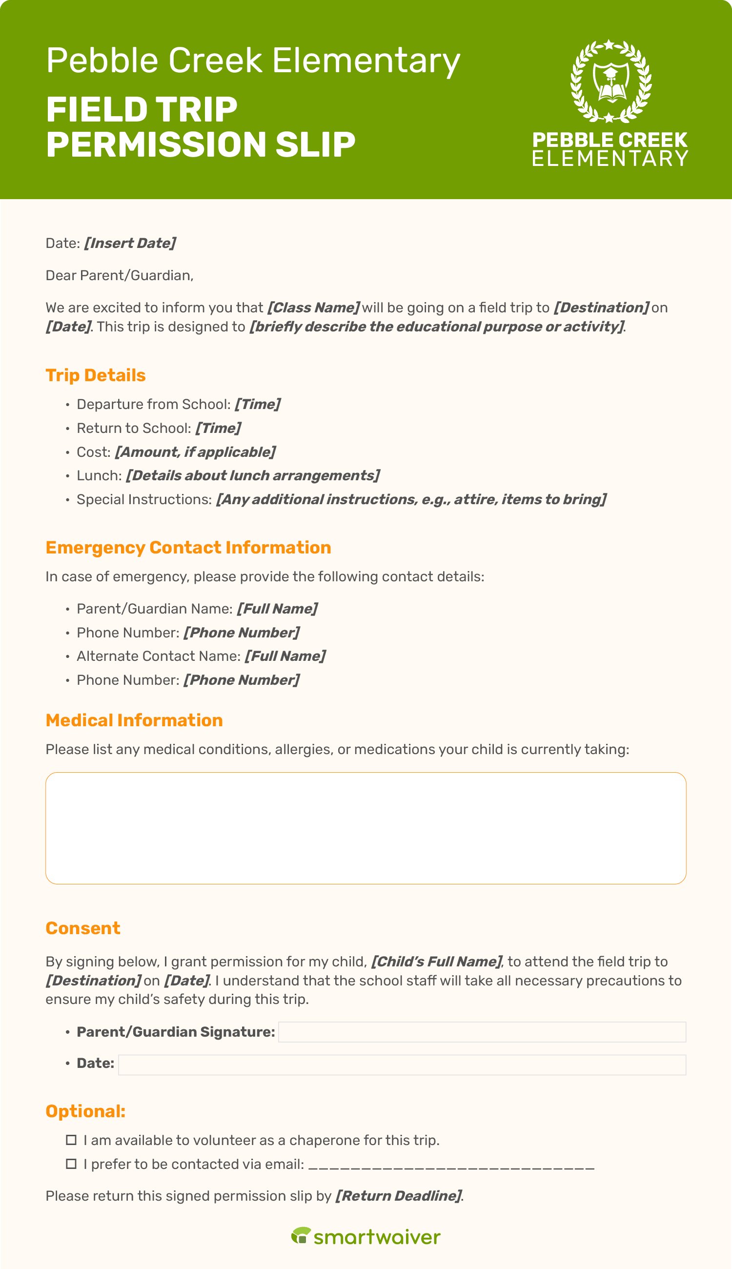 A permission slip template for a school field trip.