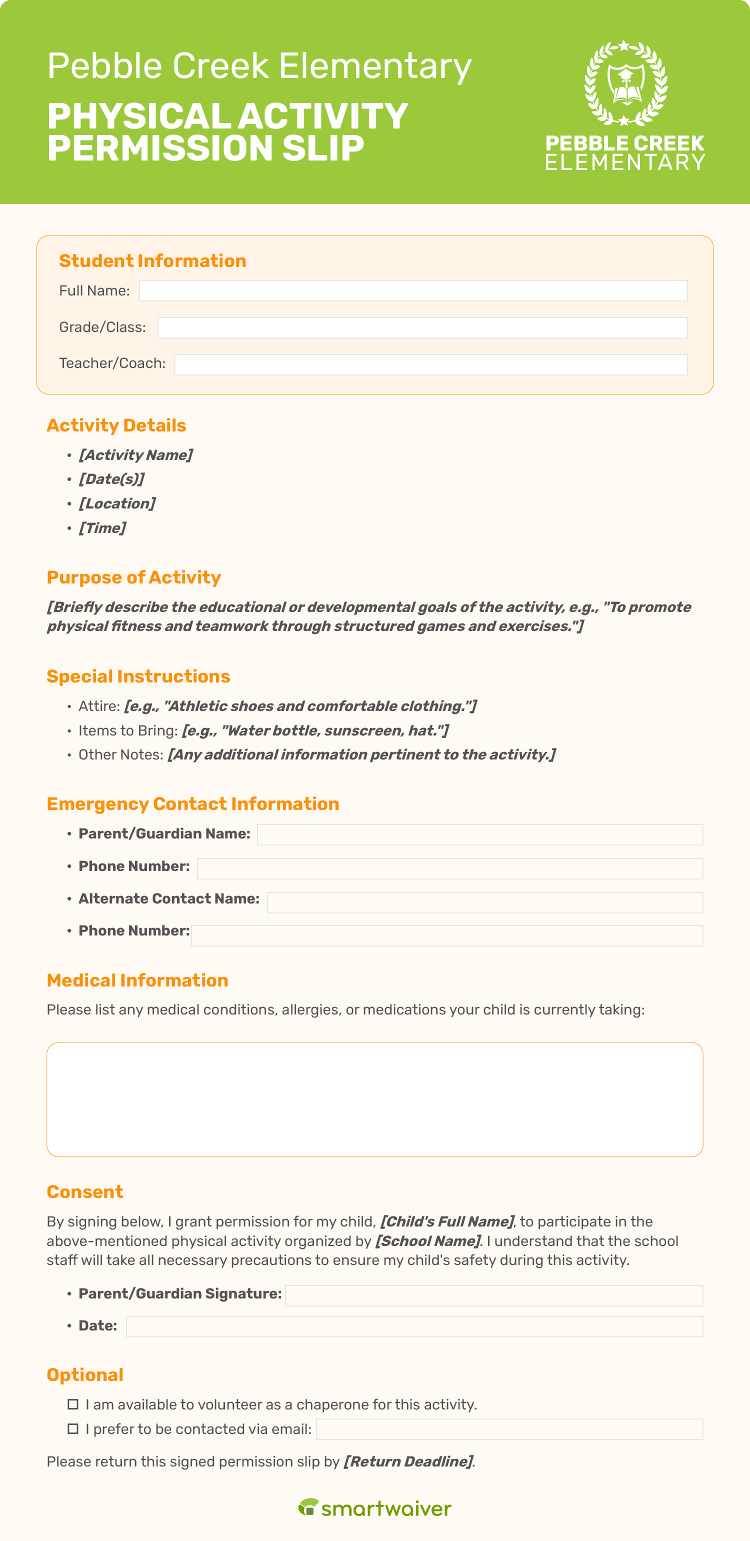 A permission slip template for participating in physical activities.