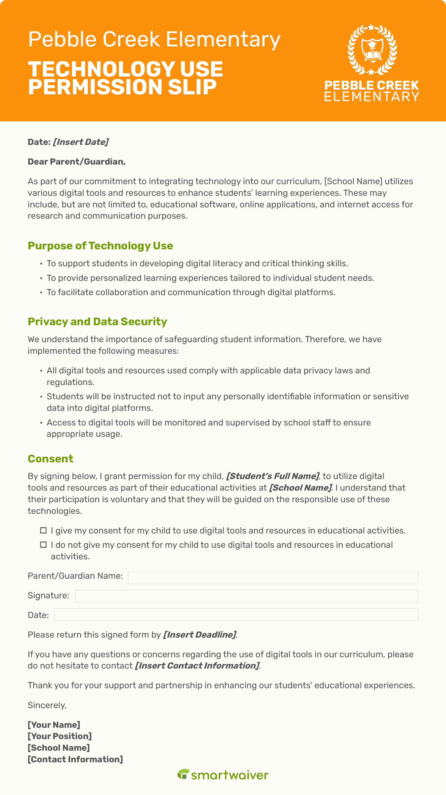 A permission slip template for technology use.