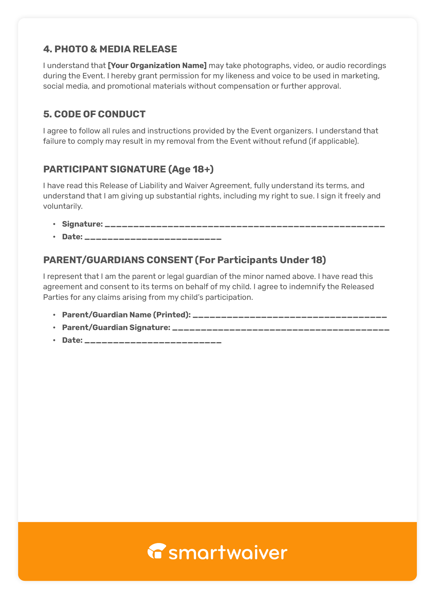 A general event waiver template that could be used for various types of events.