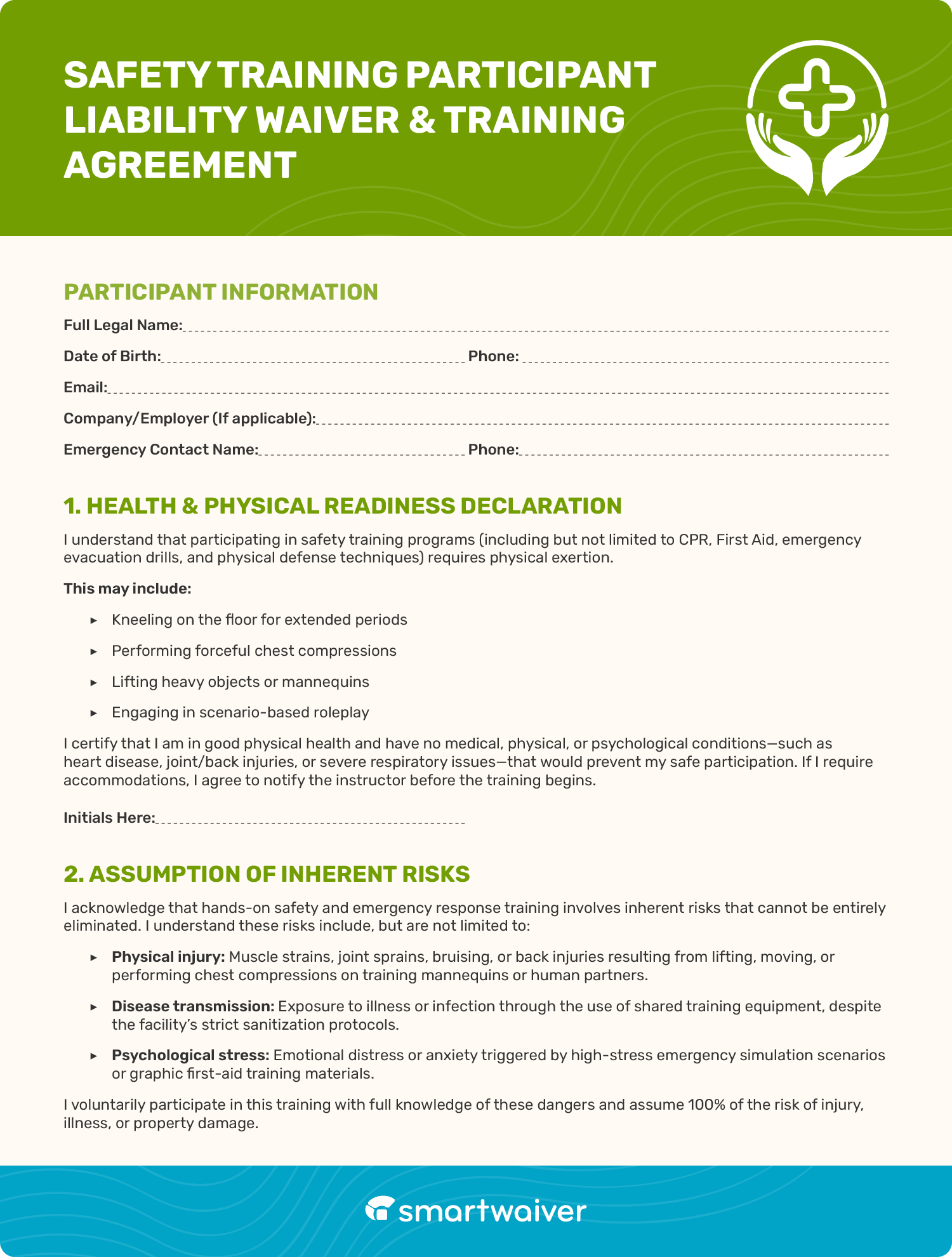 A sample digital waiver template for a safety organization (page 1).