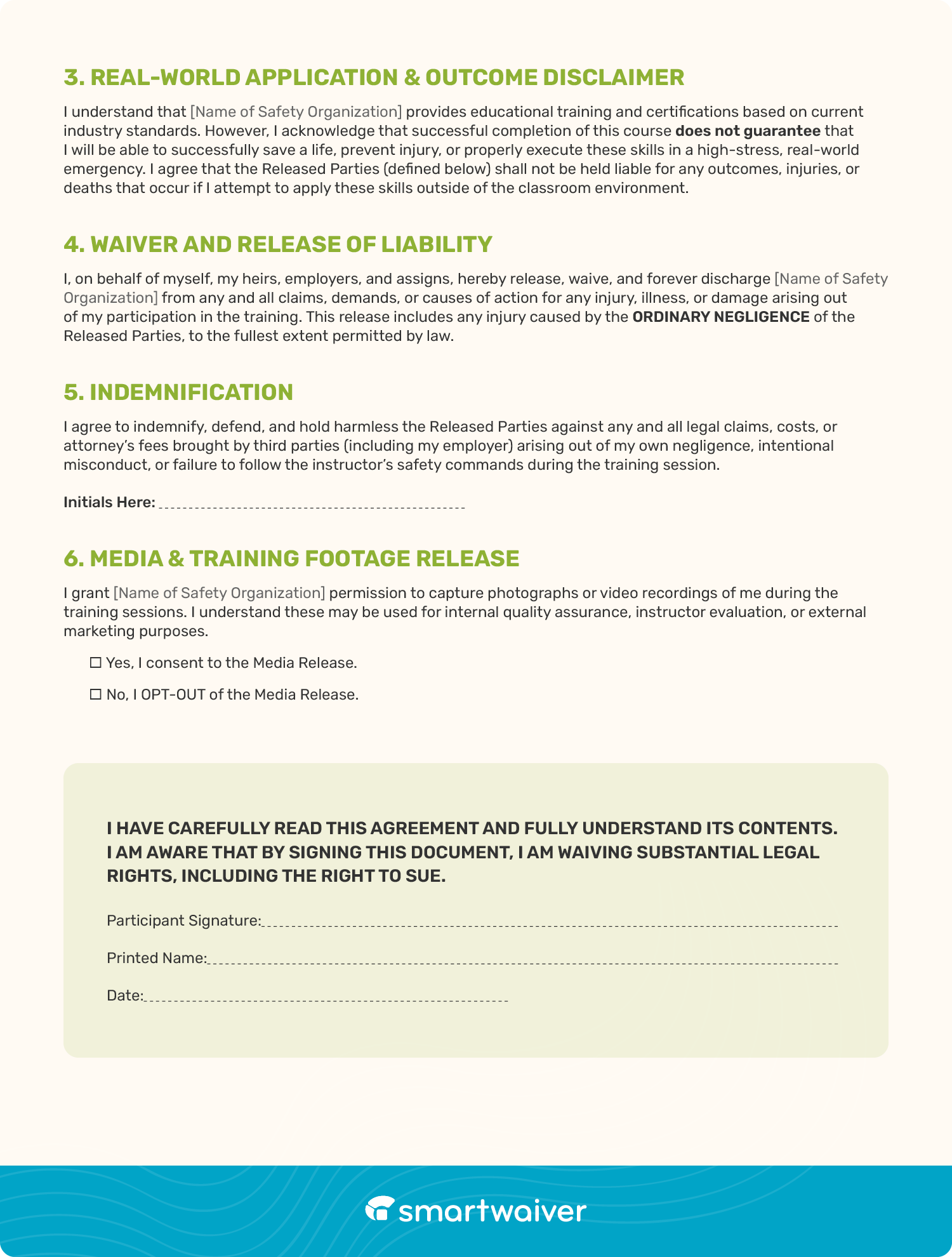 A sample digital waiver template for a safety organization (page 2).