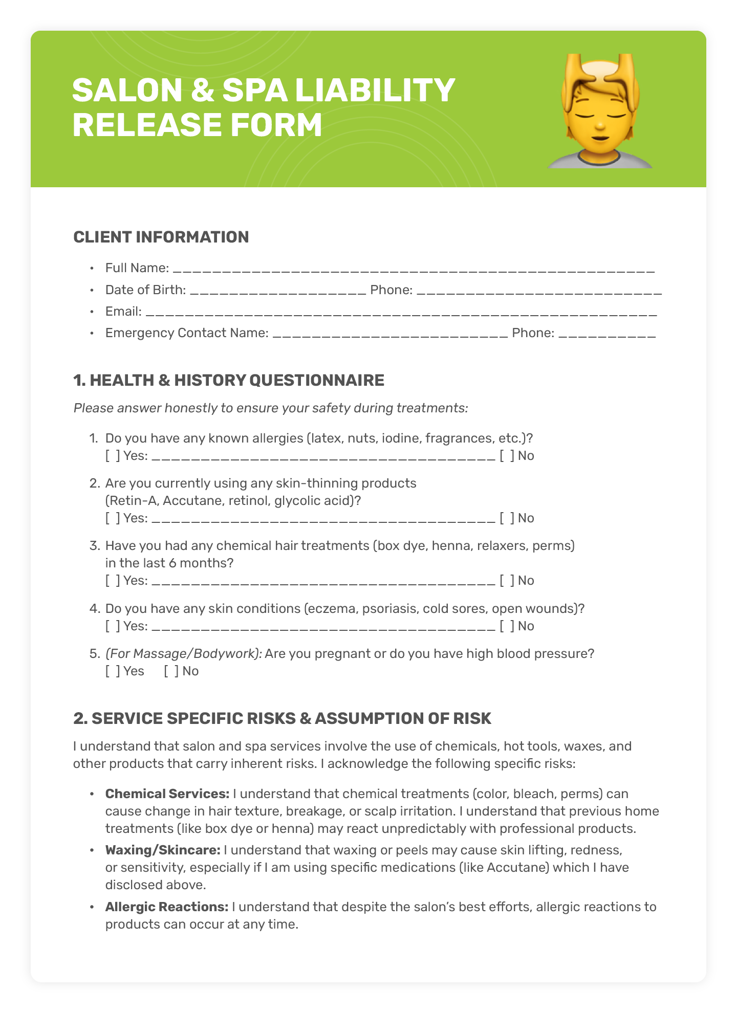 An example of a salon and spa waiver template (page 1).