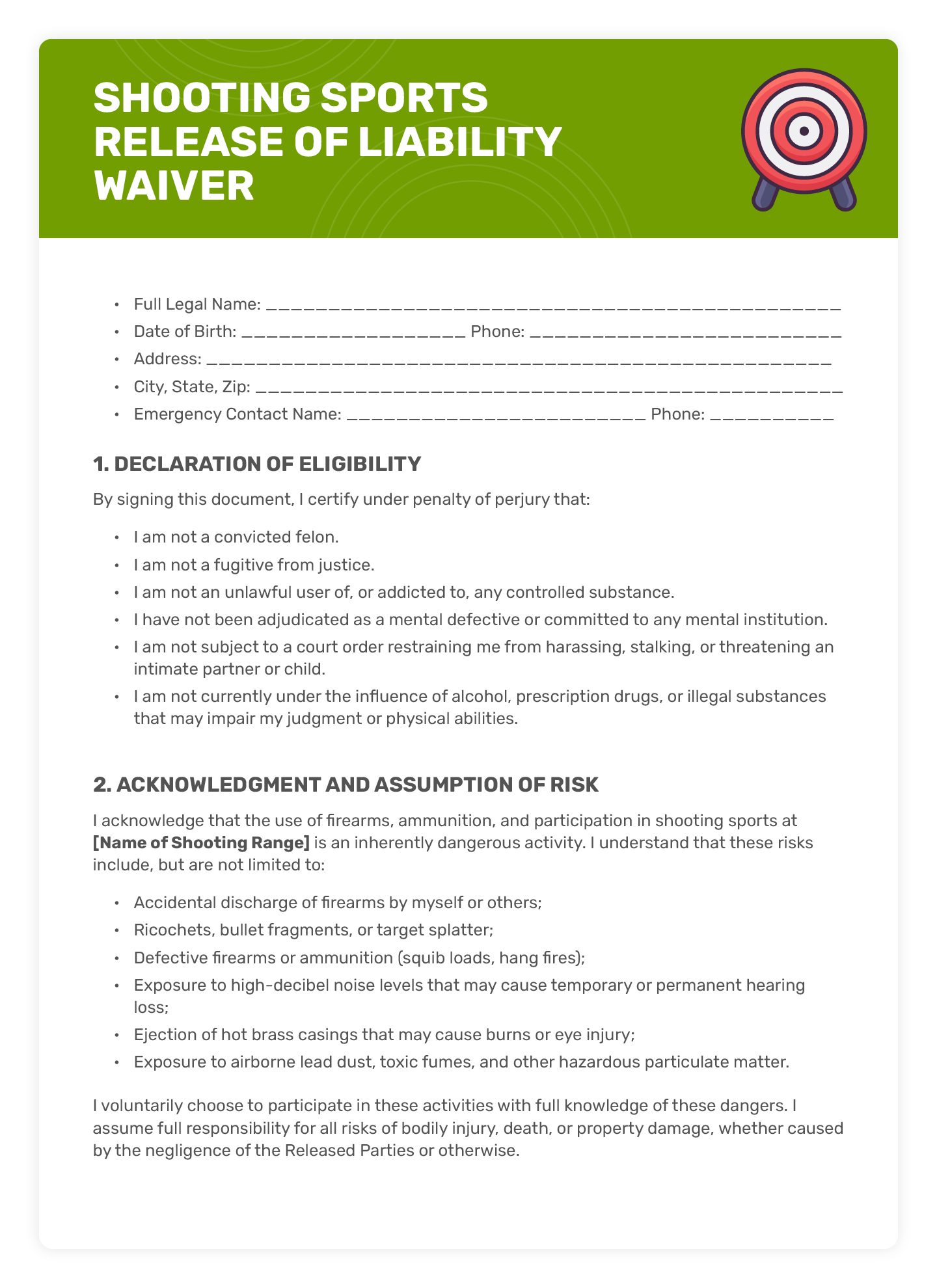 A sample shooting sports waiver template (page 1).