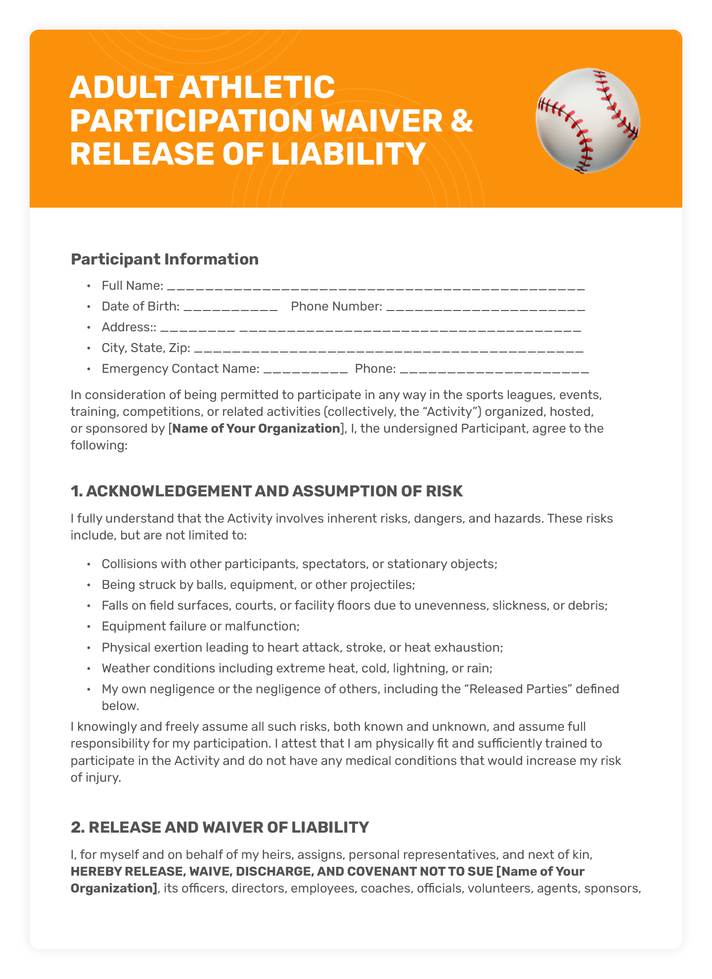 A sports liability waiver intended for adult sports leagues.