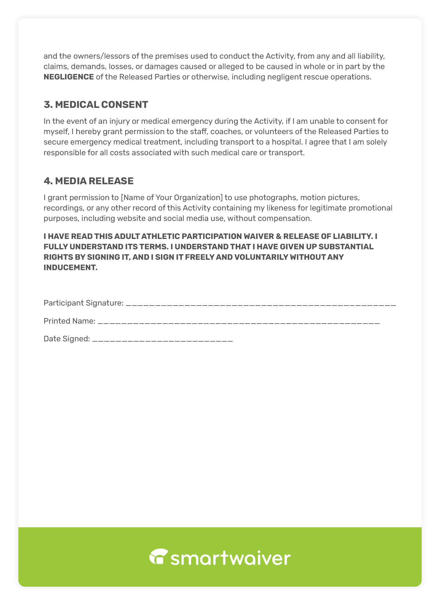 A sports liability waiver intended for adult sports leagues.