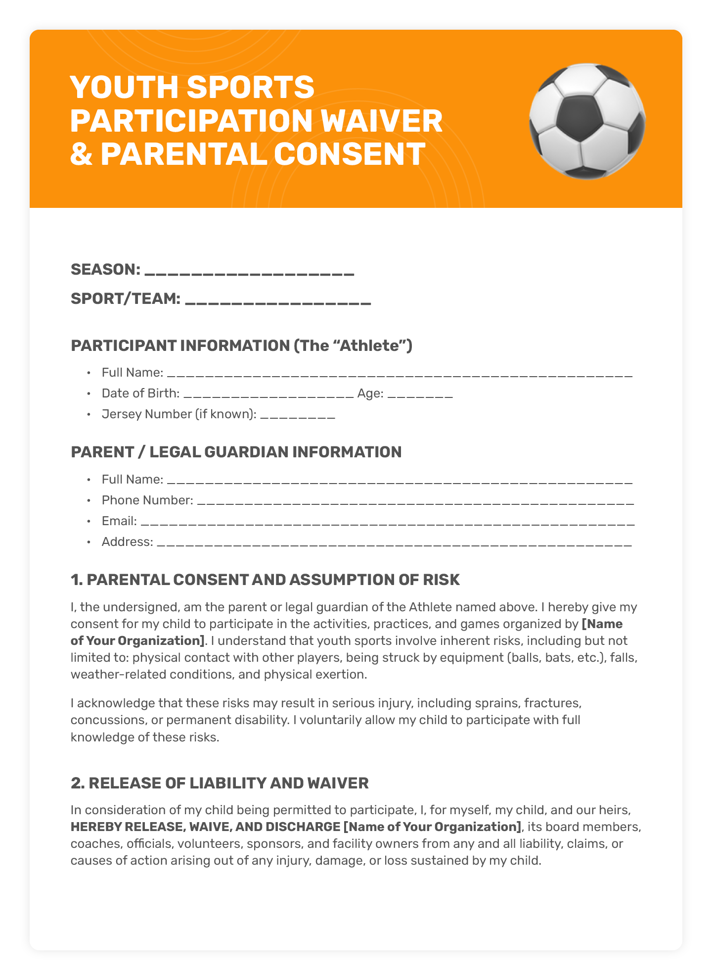 A sports liability waiver template intended for youth sports.