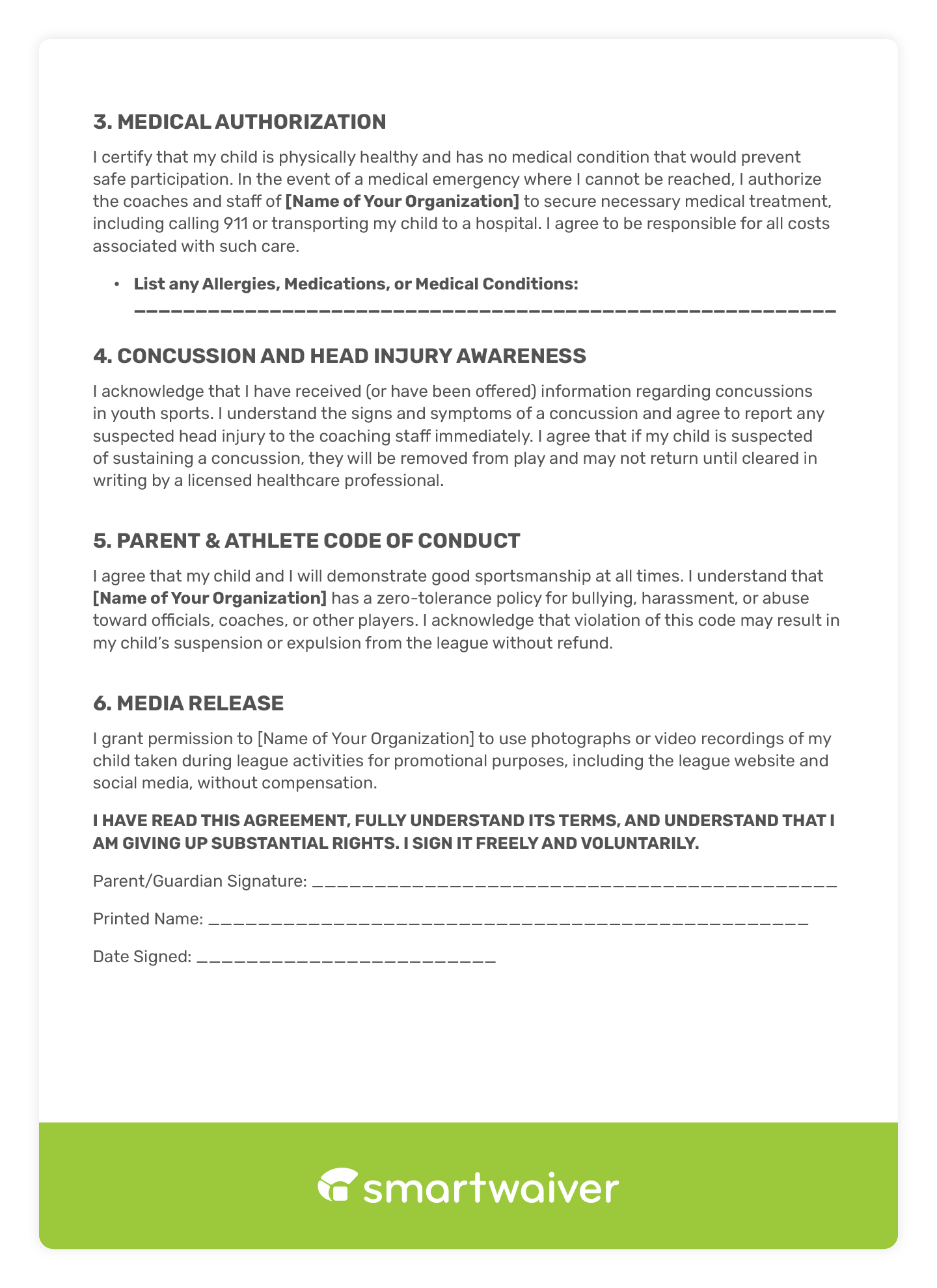 A sports liability waiver template intended for youth sports.