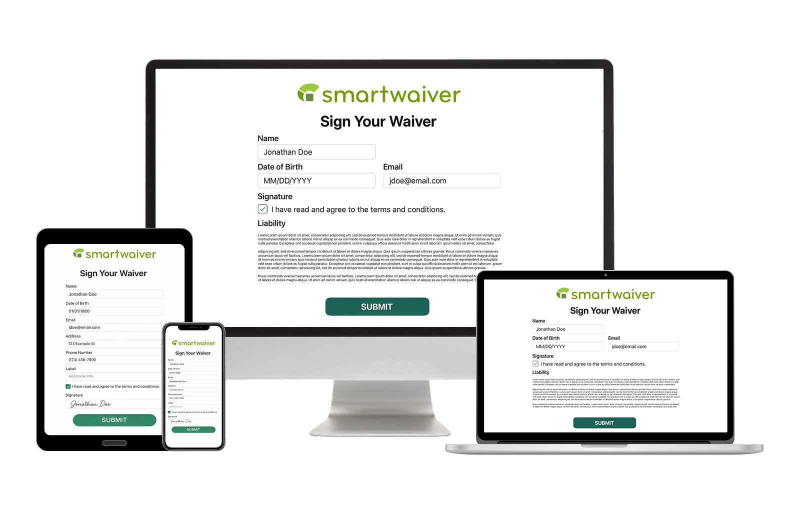 The Smartwaiver interface displayed on various devices, including a desktop, laptop, tablet, and phone.
