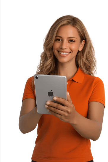Woman with ipad wearing orange