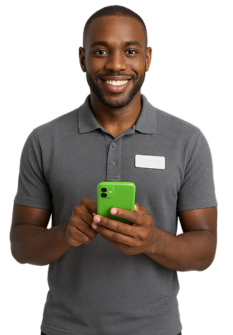smiling man with green mobile phone